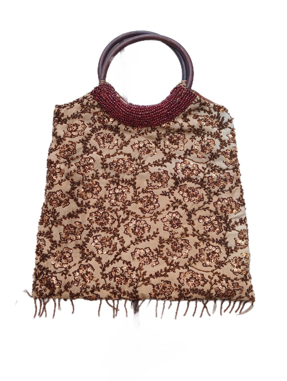 Arden B. Brown And Red Floral Beaded Handbag With Wooden Handles